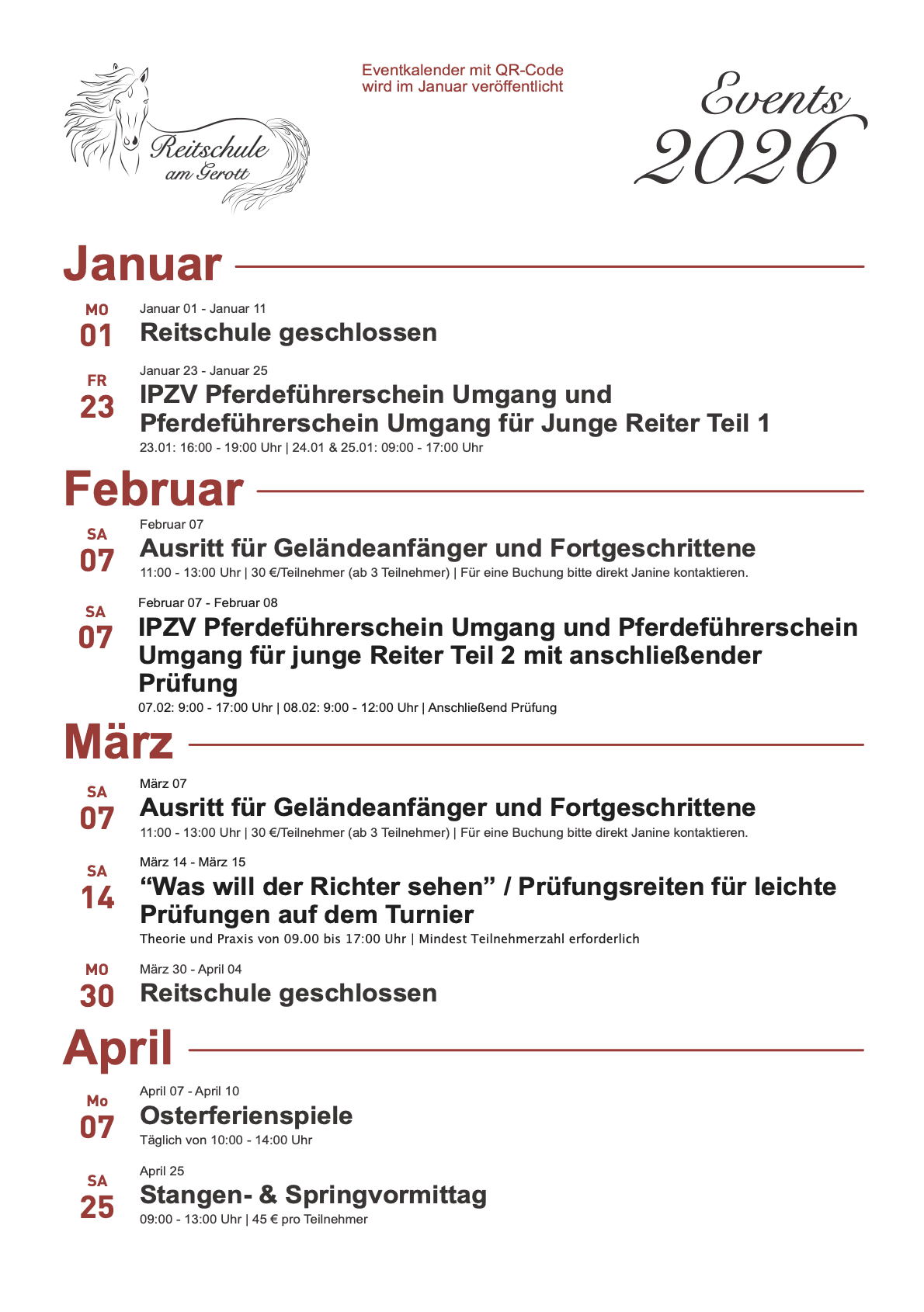 Jahres-Eventplan 2025 der Reitschule Am Gerott